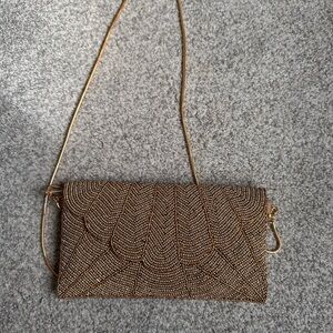 Gold Beaded Evening Clutch with Chain Strap